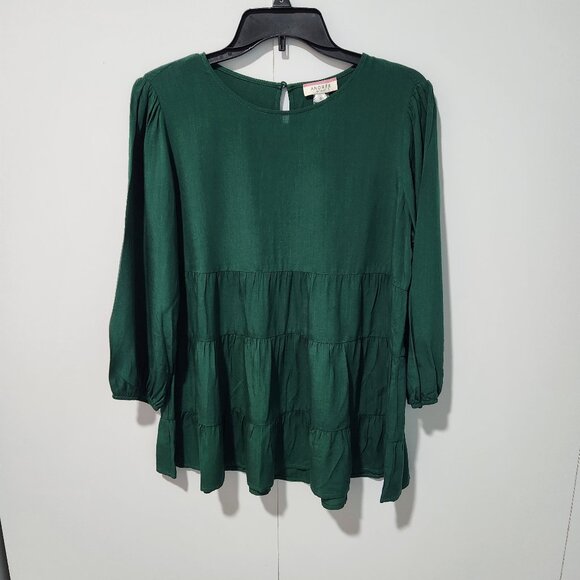 Andree by Unit NEW Green Long Sleeve Tiered Tunic Baby Doll Top Blouse Small - Picture 1 of 7